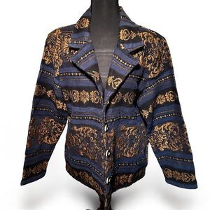 Alex Kim Blue and Gold Blazer with Ornate Pattern